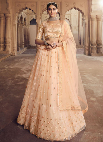 Orange Soft Net Wedding Lehenga With Net Dupatta